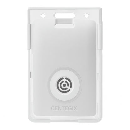 A white Centegix V2 Dual-Card Holder with a circular center logo, top slot openings, and a clear plastic body securely holds both an alarm badge and a standard ID card.