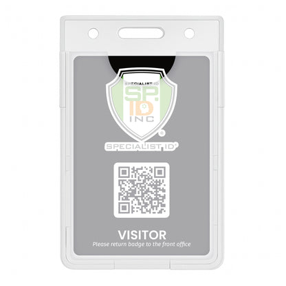 The Centegix V2 Dual-Card Holder securely holds your Alarm Badge and standard ID card, displaying a "VISITOR" QR code. Includes a reminder to return the badge to the front office. Perfect for use with CrisisAlert systems.