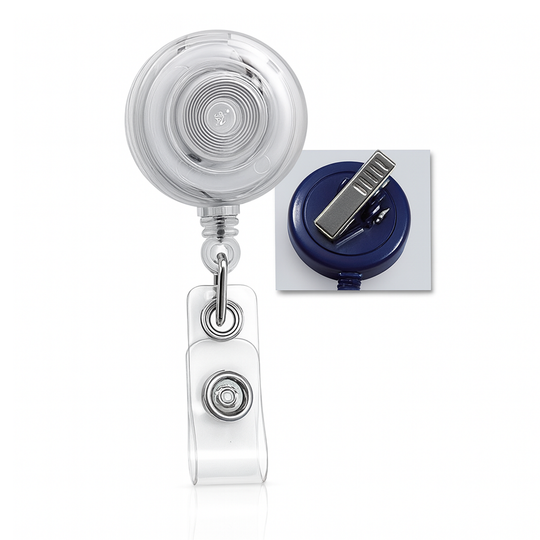 Clear translucent retractable badge reel with swivel spring clip, front and rear views