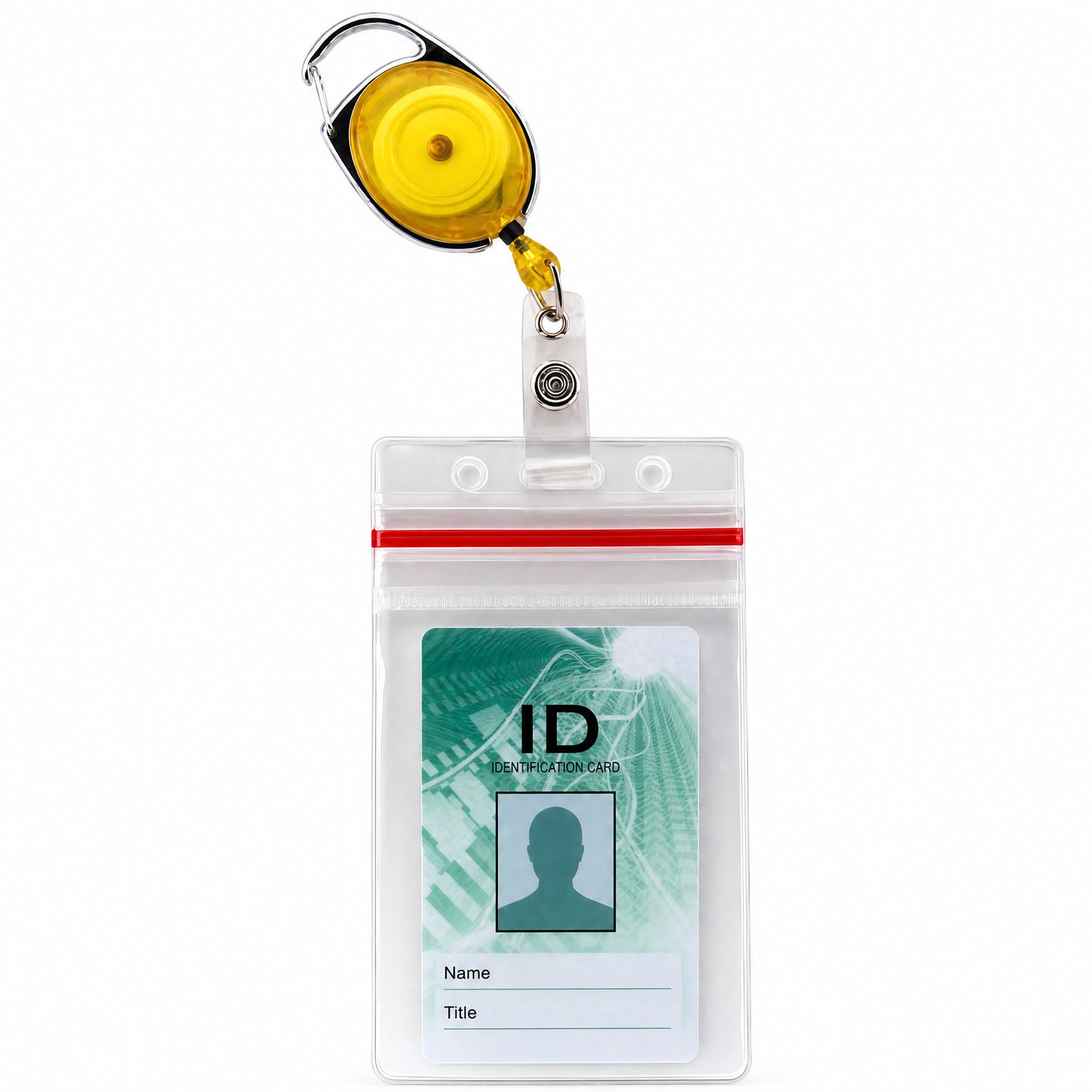 Clear vertical vinyl ID holder with zipper top attached to retractable badge reel - VBH-V-ZIP