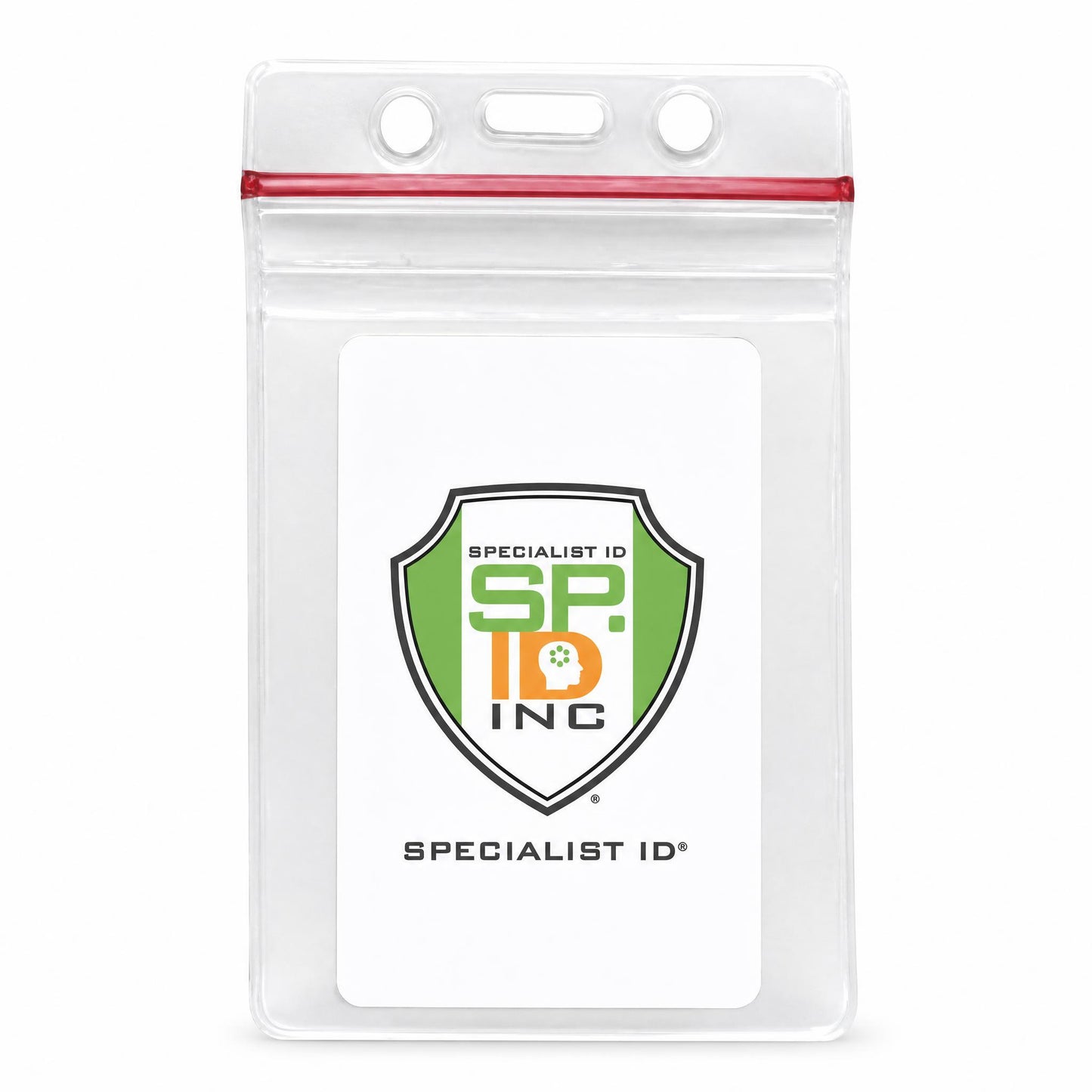 Clear vertical vinyl ID holder with zipper top and Specialist ID sample insert - VBH-V-ZIP