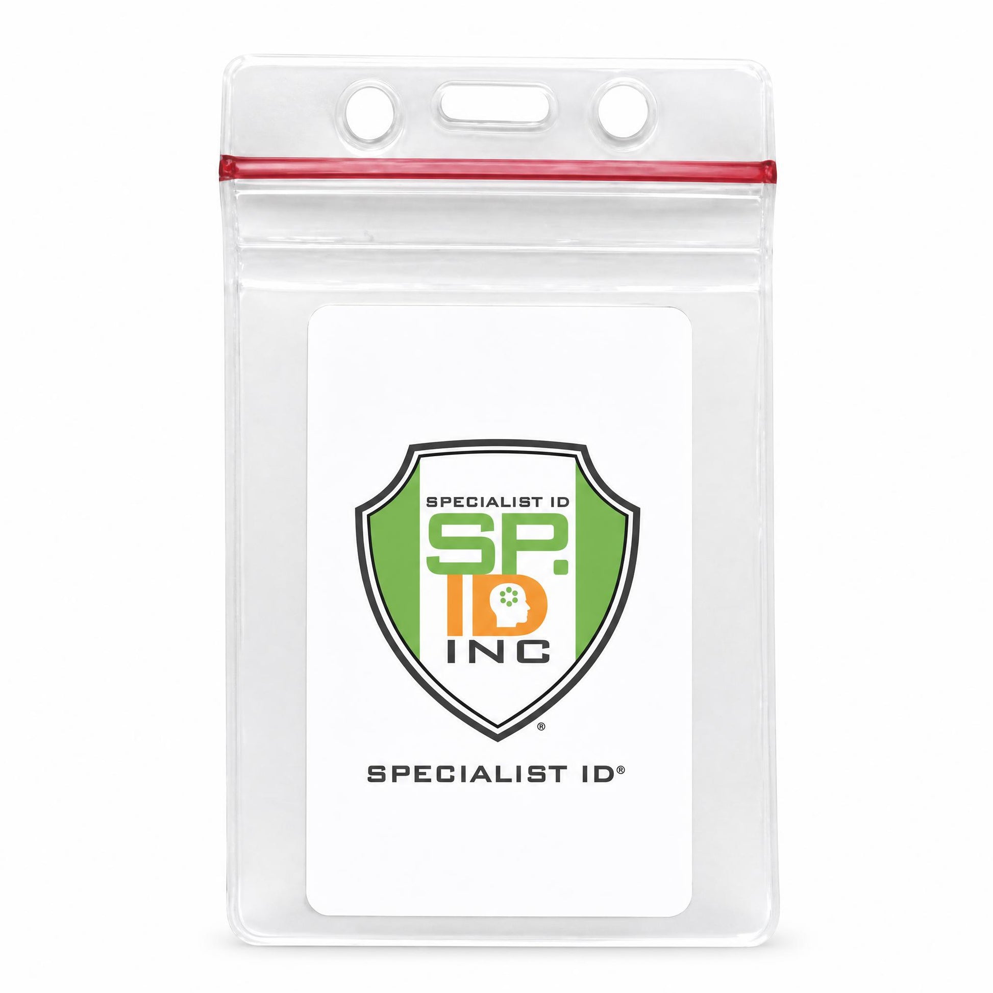 Clear vertical vinyl ID holder with zipper top and Specialist ID sample insert - VBH-V-ZIP