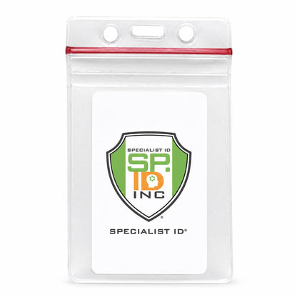 Clear vertical vinyl ID holder with zipper top and Specialist ID sample insert - VBH-V-ZIP