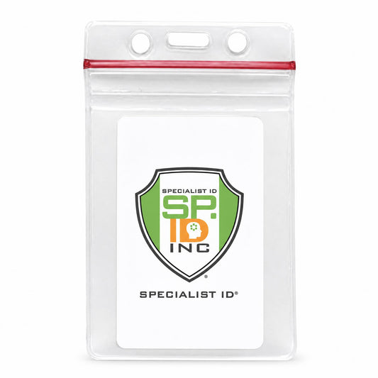 Clear vertical vinyl ID holder with zipper top and Specialist ID sample insert - VBH-V-ZIP
