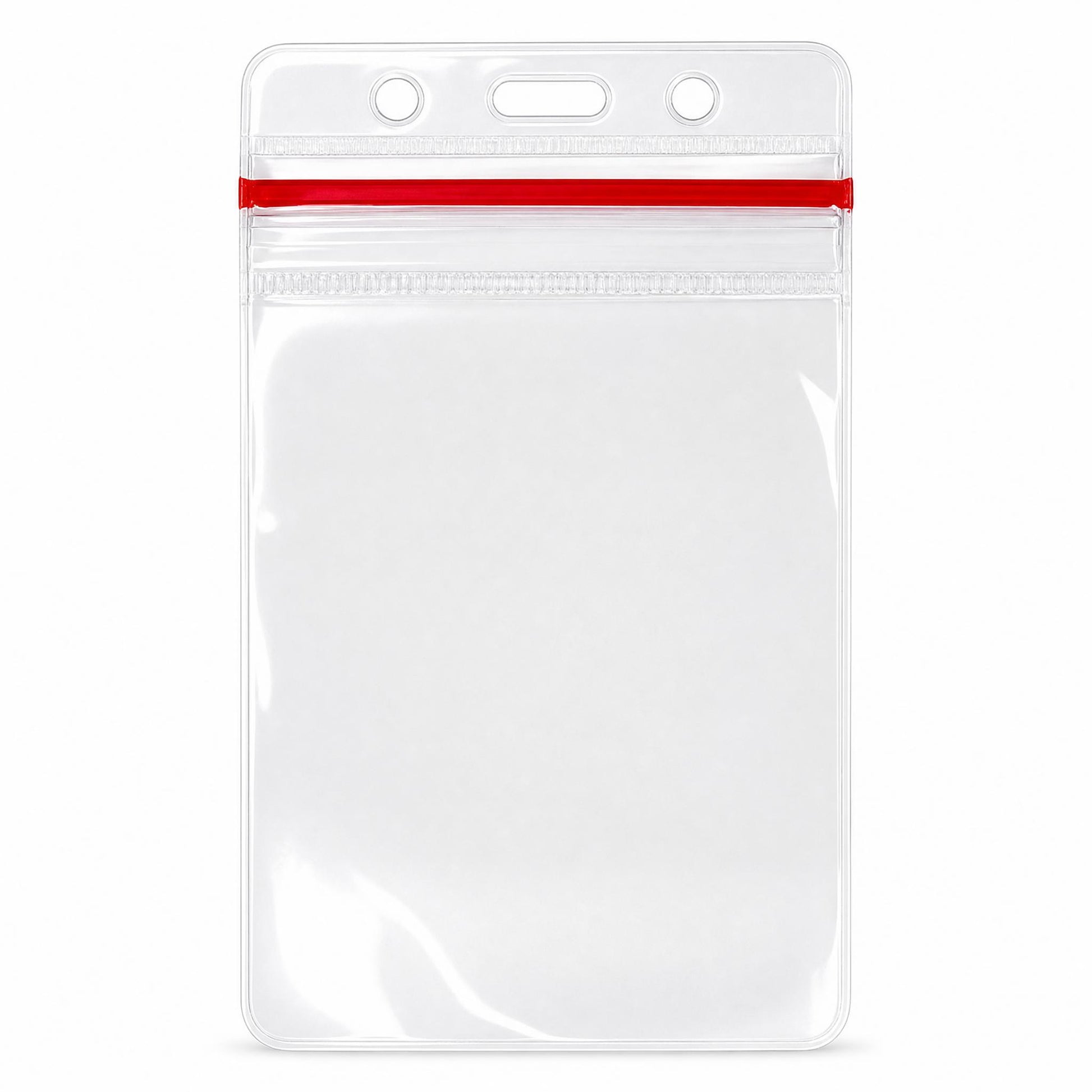 Clear vertical vinyl ID badge holder with red zipper top - VBH-V-ZIP