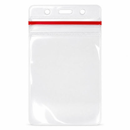 Clear vertical vinyl ID badge holder with red zipper top - VBH-V-ZIP