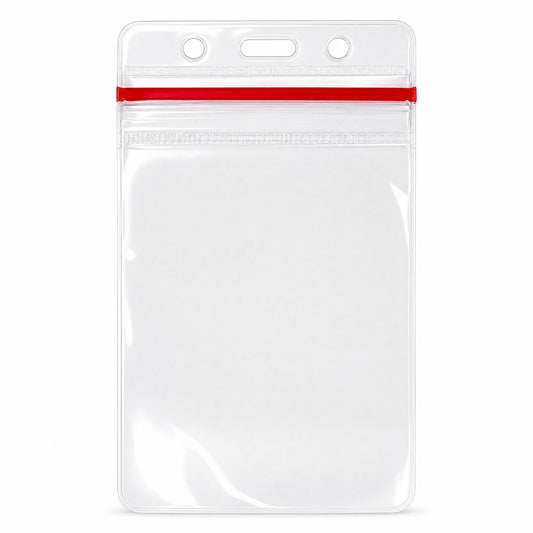 Clear vertical vinyl ID badge holder with red zipper top - VBH-V-ZIP