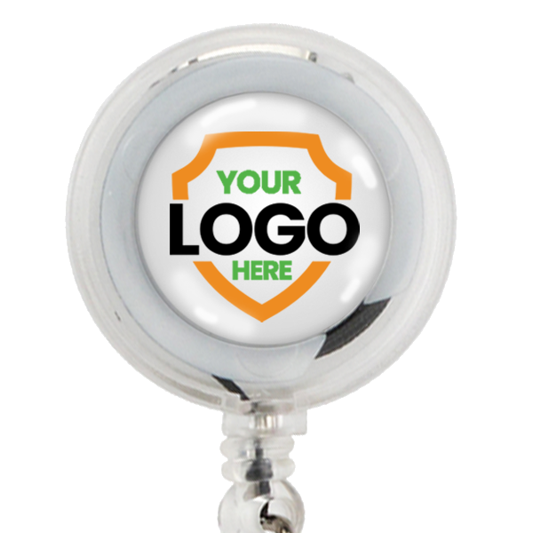 Custom badge reel with Your Logo Here dome