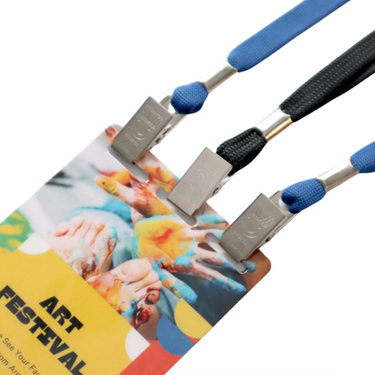 Close-up of three lanyards attached to a vibrant Custom Printed Event Badge with Three Slot Holes—Design It Your Way! Perfect for creative events and artist gatherings. Sold by Specialist ID.