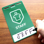 A green "Custom Printed Event Badge with Three Slot Holes" features a shirt icon and “JEFF” handwritten in black marker, but the product description lists only CSS styles, not any descriptive details about the badge itself.