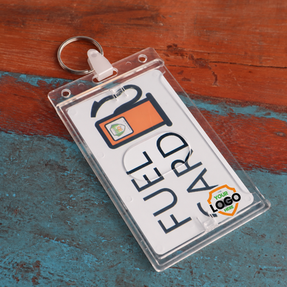 Fuel card keyring holder on a wooden surface with a Your Logo Here shield near the bottom overlapping the card lettering.