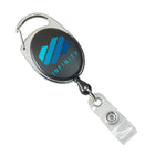 A Custom Printed Carabiner Badge Reel with Belt Clip - Online Designer - Add Personalized Logo or Graphic featuring a blue logo and the word "INFINITY." It has a metal clip at the top and a clear plastic snap holder at the bottom.