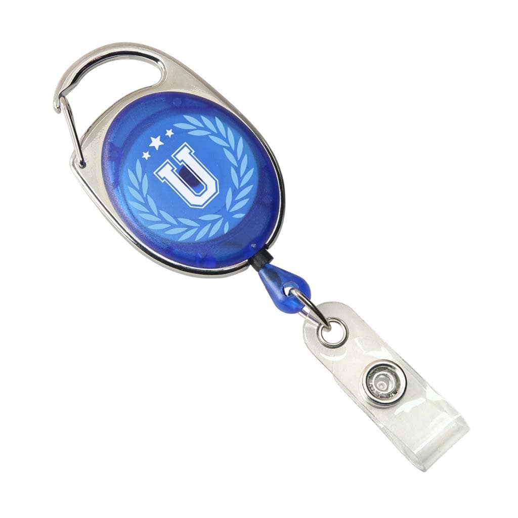 A blue Custom Printed Carabiner Badge Reels with Belt Clip - Online Designer - Add Personalized Logo or Graphic, featuring a "U" emblem surrounded by a wreath and stars. Sold by Specialist ID.