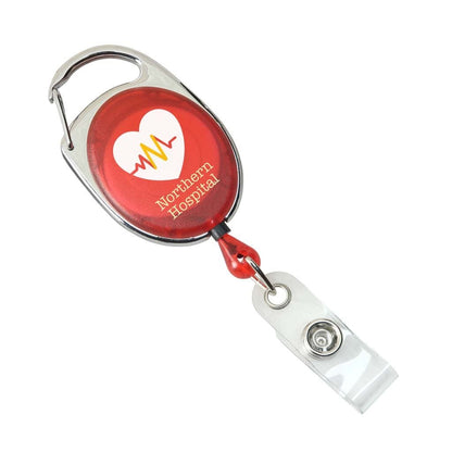 Red and white Custom Printed Carabiner Badge Reels with Belt Clip - Online Designer - Add Personalized Logo or Graphic from Northern Hospital, featuring a carabiner clip on one end and a transparent plastic ID holder on the other.
