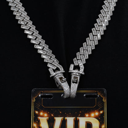VIP credential chain connected to event badge against dark background