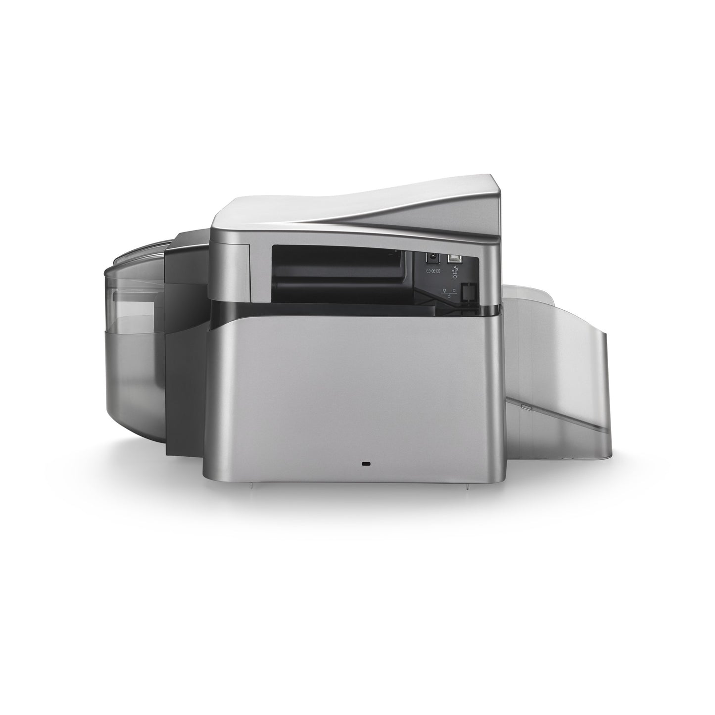 The HID FARGO DTC1250e Single-Sided ID Card Printer features a sleek silver and black design with a compact, modern look, shown on a white background.
