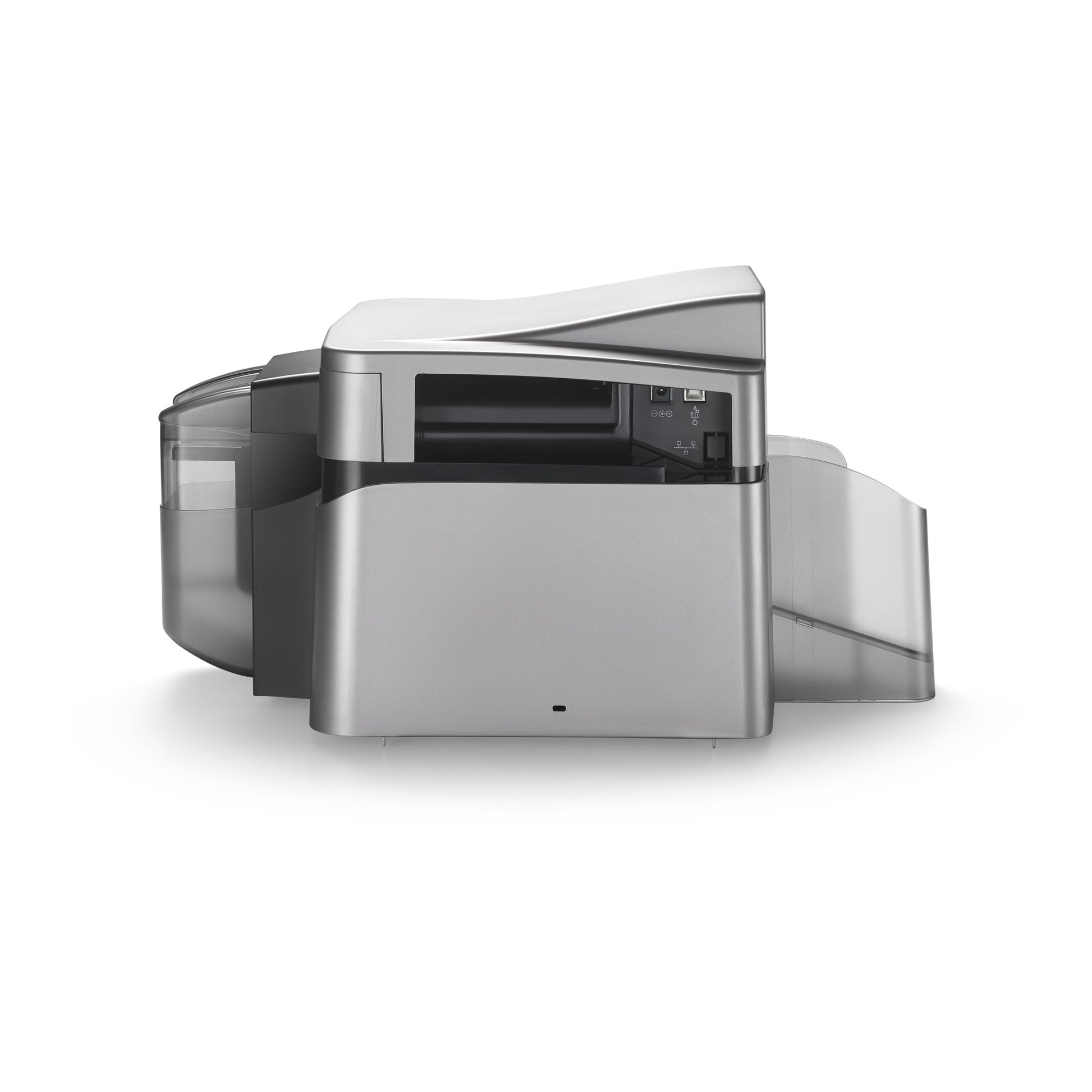The HID FARGO DTC1250e Single-Sided ID Card Printer features a sleek silver and black design with a compact, modern look, shown on a white background.
