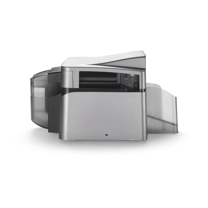 The HID FARGO DTC1250e Single-Sided ID Card Printer features a sleek silver and black design with a compact, modern look, shown on a white background.