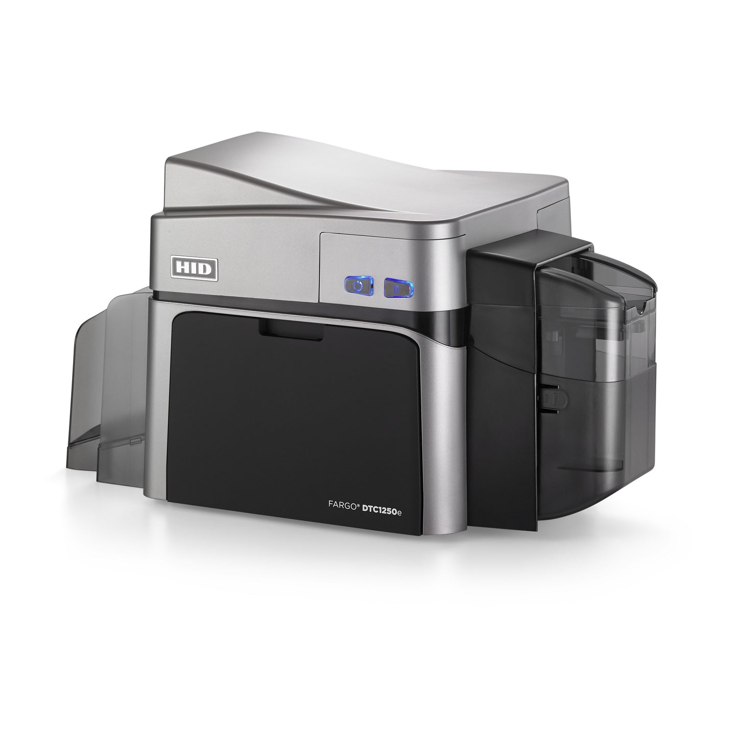 A silver and black HID FARGO DTC1250e Single-Sided ID Card Printer featuring a clear plastic input hopper on the right side.