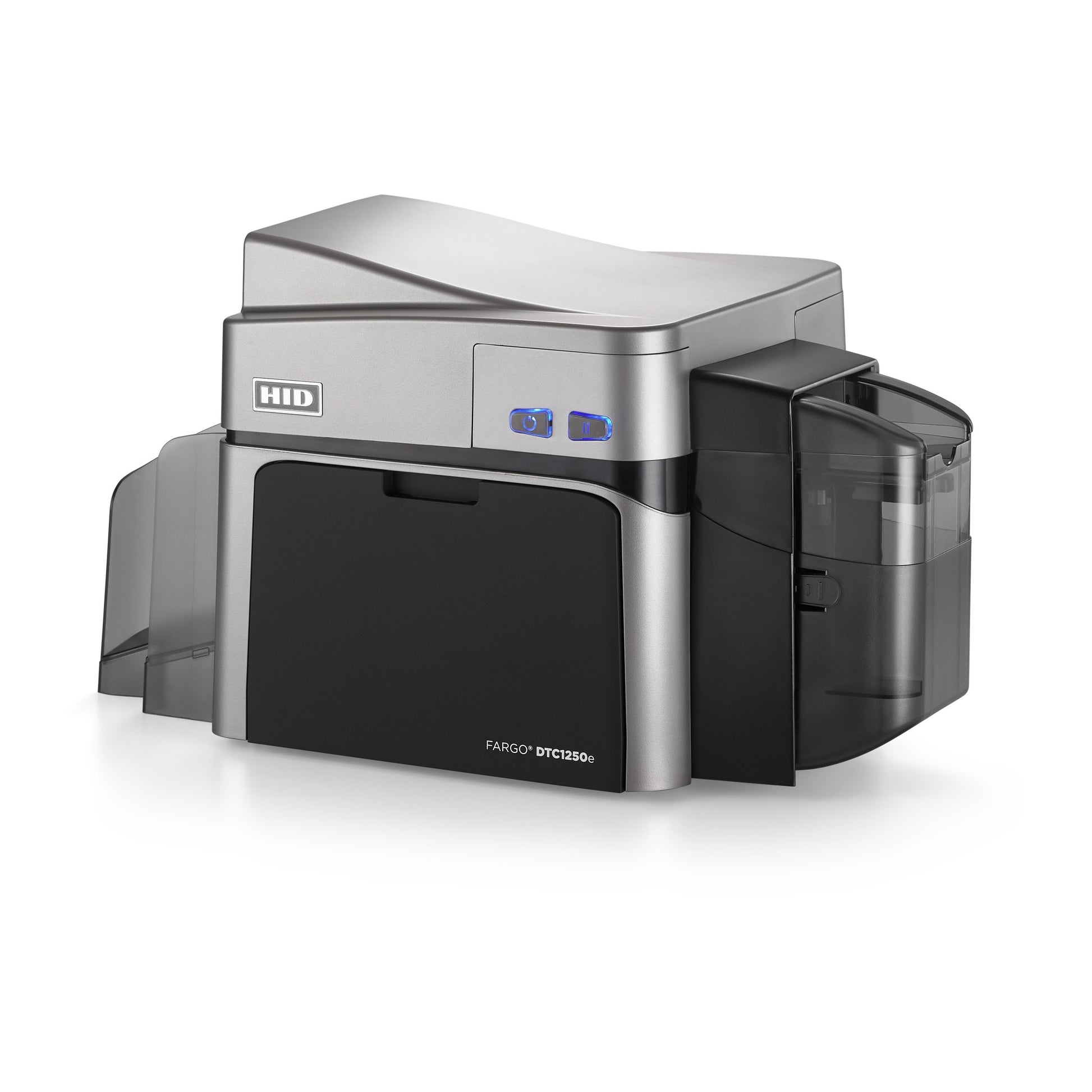 A silver and black HID FARGO DTC1250e Single-Sided ID Card Printer featuring a clear plastic input hopper on the right side.