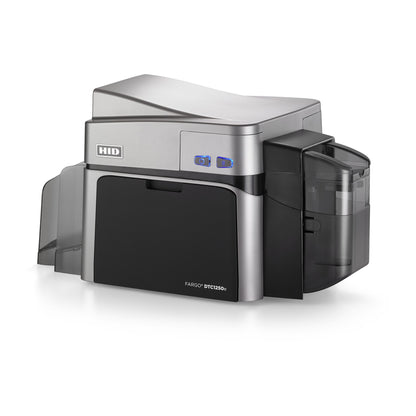 A silver and black HID FARGO DTC1250e Single-Sided ID Card Printer featuring a clear plastic input hopper on the right side.