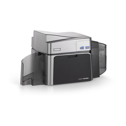 A silver and black HID FARGO DTC1250e single-sided ID card printer with a compact design and transparent side trays, shown on a white background.