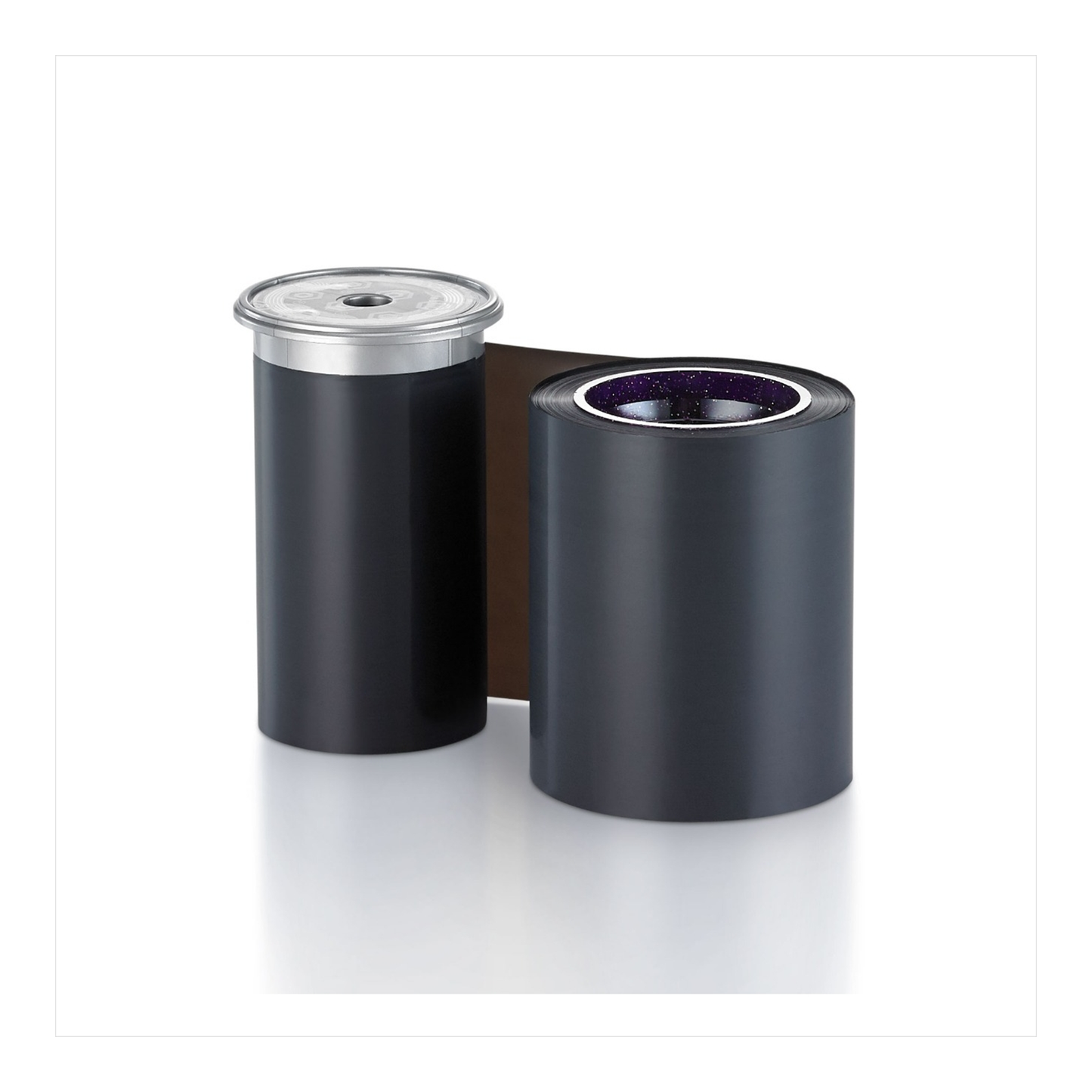 Two black Entrust monochrome ribbon rolls on a white background
