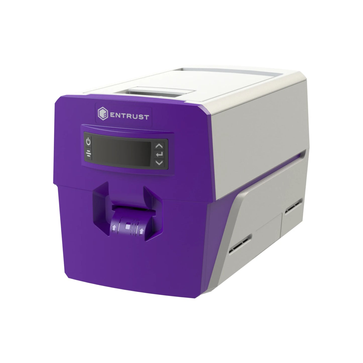Entrust Sigma DS1 Manual Feed ID card printer, part number 525300-006, front view of the compact purple and white printer showing the single-card manual feed slot below the LCD control panel, with no input hopper on top