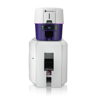 Entrust Sigma DS2 ID card printer with inline CLM lamination module, front view. The white and purple printer sits on top of the white laminator base, and finished laminated cards exit a slot at the front.