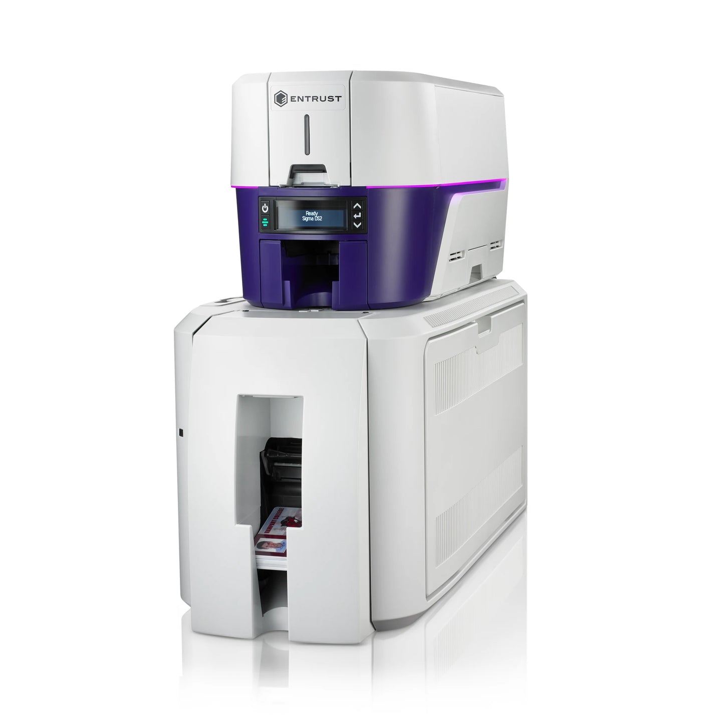 Entrust Sigma DS2 ID card printer with inline CLM lamination module, left angle view. The compact tower design stacks the printer above the laminator to save desk space.