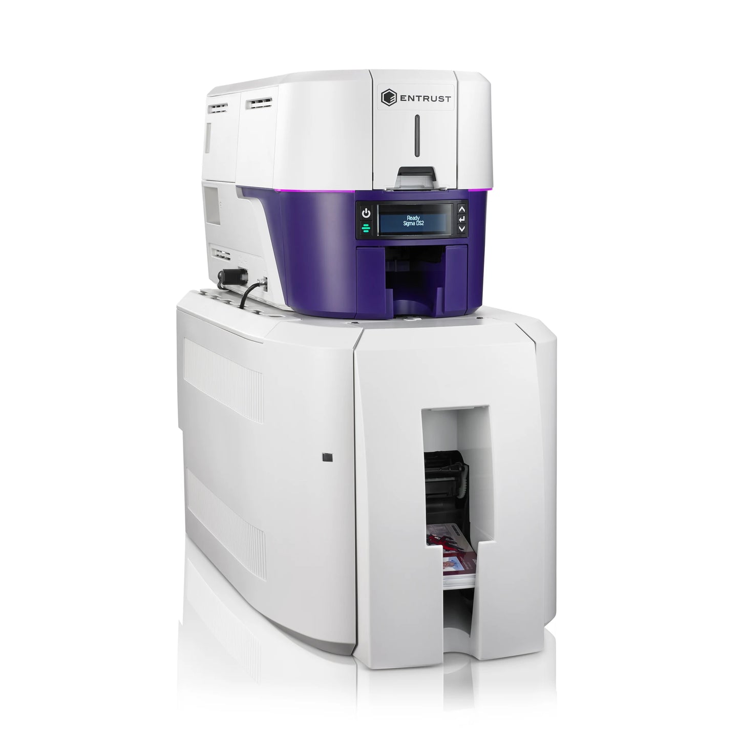Entrust Sigma DS2 ID card printer with inline CLM lamination module, right angle view, showing the card output slot on the laminator base.