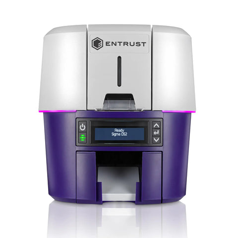 A front-facing photo of an Entrust DS2 Single Sided ID Card Printer, displaying its control panel and ready status on the screen. The white and purple printer boasts high-speed printing capabilities and advanced security features.