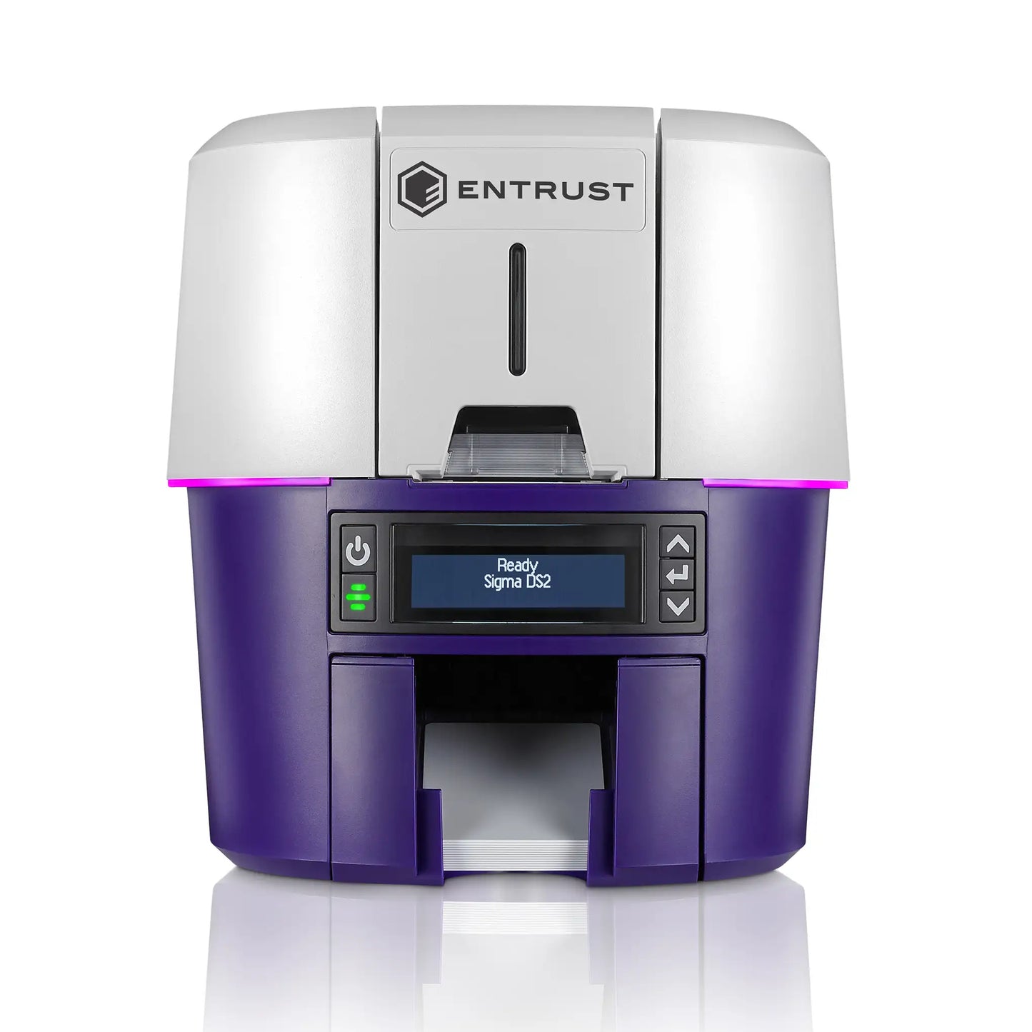 Entrust Sigma DS2C dual-sided ID card printer, front view of the white and purple Sigma-series chassis with its LCD control panel — the DS2C shares the Sigma DS2 body and runs on Instant ID as a Service ribbons.