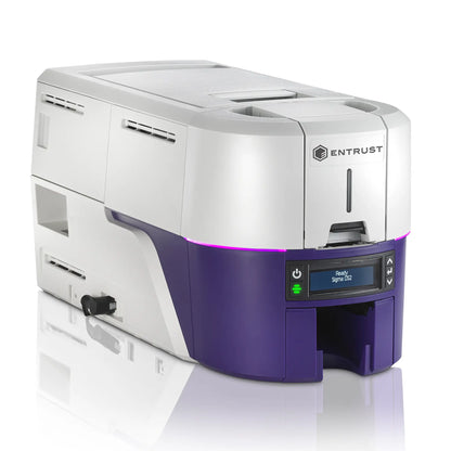 A white and purple card printer with a digital display and labeled "Entrust Sigma DS2 Dual Sided ID Card Printer" is shown. Sold by Specialist ID.
