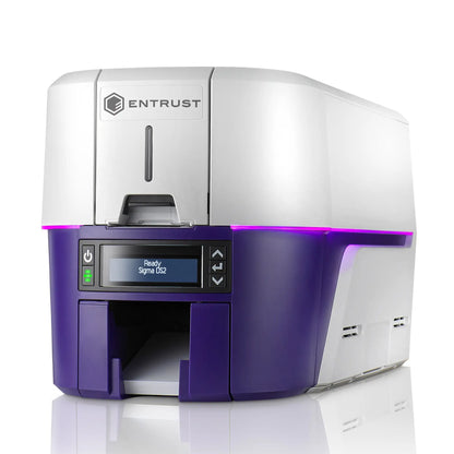 A white and purple Entrust Sigma DS2 Dual Sided ID Card Printer showing a screen reading "Ready Sigma DS2" with several buttons and an input slot on the front. Sold by Specialist ID.