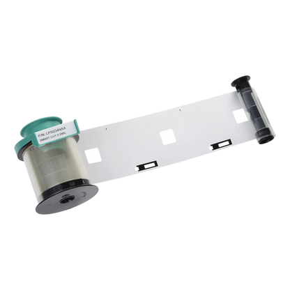 A roll of the Evolis LPS034NAA Clear Smart Cut Patch Lamination ribbon with a teal and black casing, unrolled to display the clear film with rectangular cutouts, compatible with Primacy, Primacy2, and Avansia Lamination ID Card Printers for up to 600 prints.