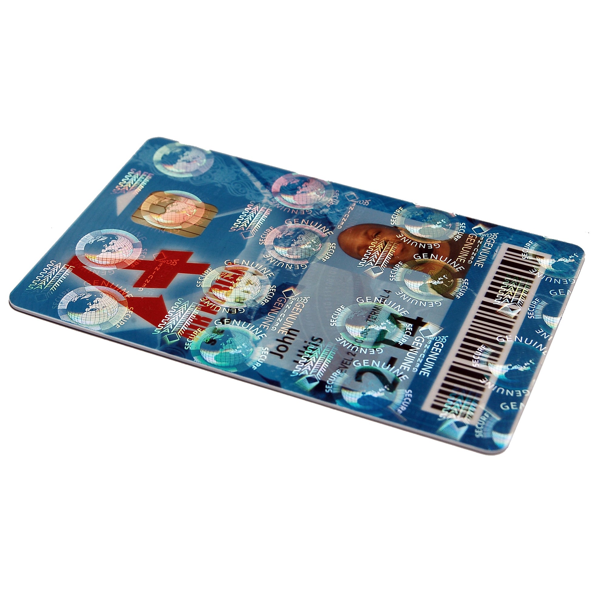 The Evolis R4002 Optoseal Holographic Ribbon – 350 Prints creates a blue ID card with barcodes, photo, text, security holograms, and a holographic varnish overlay, displayed at an angle on a white surface.