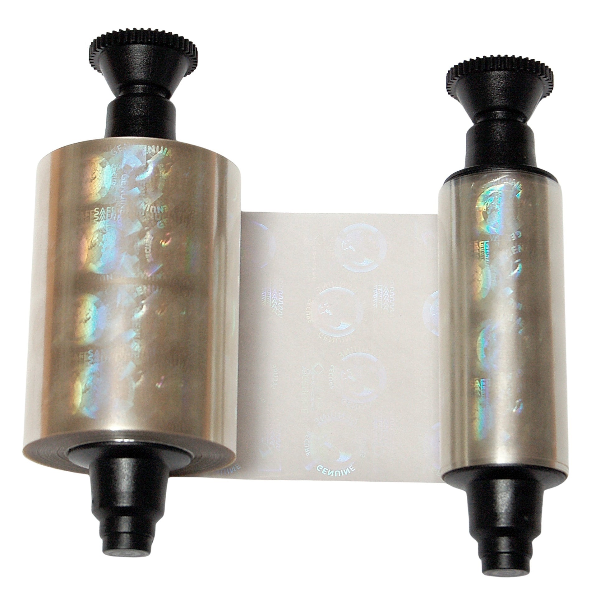 Two Evolis R4002 Optoseal Holographic Ribbons (350 Prints) with black end caps, partly unwound to show a holographic varnish overlay on transparent film. Compatible with Evolis R4002 and Quantum 2 printers.
