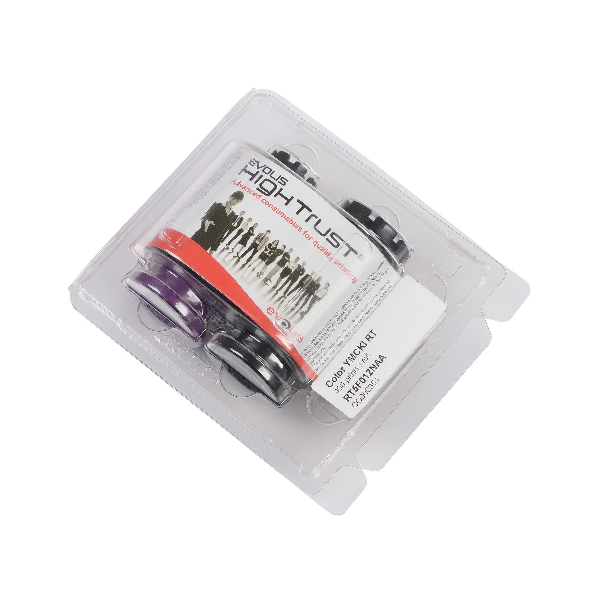 A pack of Evolis RT5F012NAA HighTrust YMCKI Color Ribbon for Avansia, 400 prints, in clear plastic packaging.