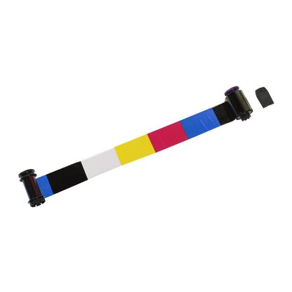 The Evolis RT5F012NAA HighTrust YMCKI Color Ribbon for the Avansia printer offers 400 prints and features visible black, white, yellow, magenta, and cyan segments stretched between two spools with a small black plastic cap nearby.