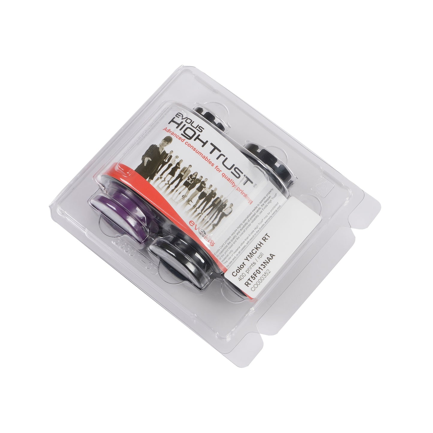 A plastic package with an Evolis RT5F013NAA HighTrust YMCKH color ribbon for the Avansia card printer, offers 400 prints and is compatible with retransfer ID card printers using Evolis Avansia ribbons.