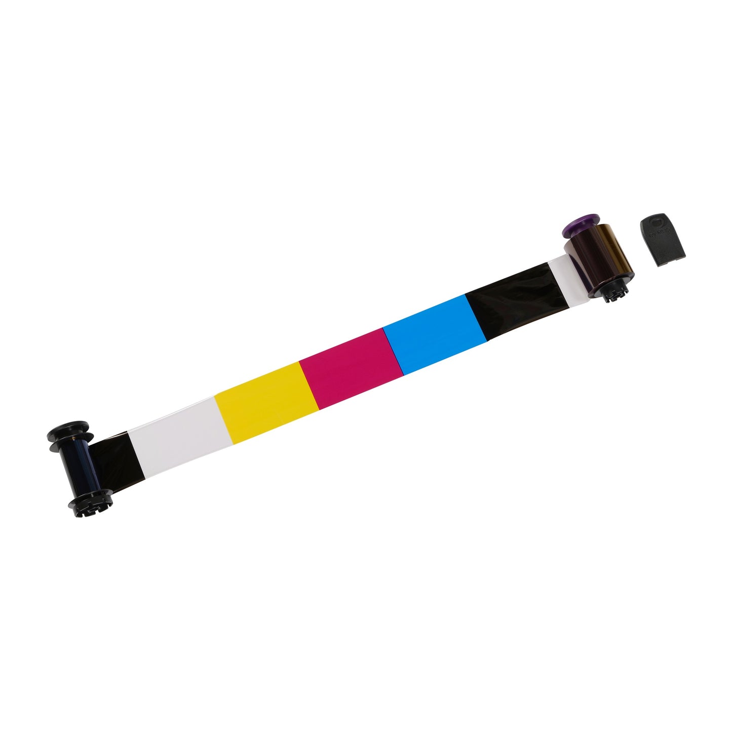 The Evolis RT5F013NAA HighTrust YMCKH Color Ribbon for the Avansia enables 400 prints and features black, yellow, magenta, cyan, and white panels on a ribbon spooled between two black reels against a white background.