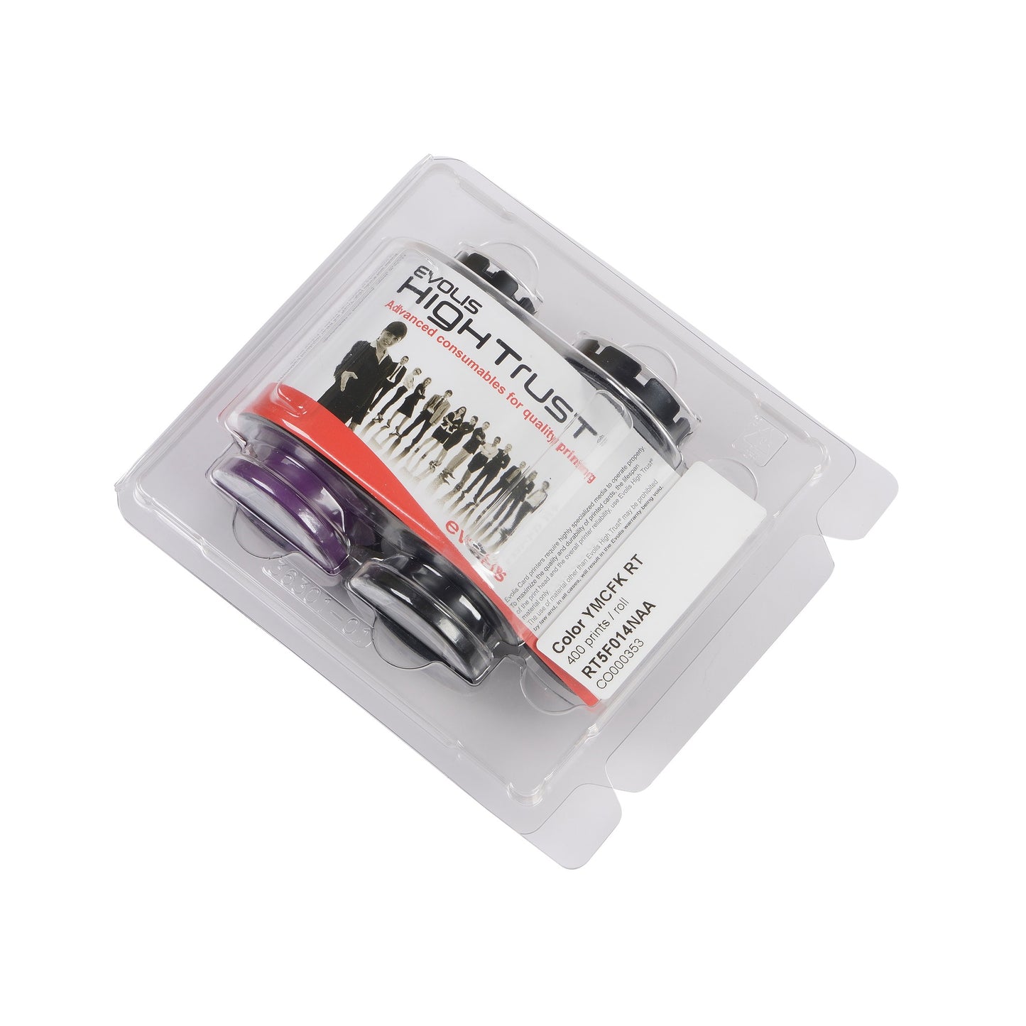 A plastic blister pack containing an Evolis RT5F014NAA HighTrust YMCFK color ribbon for Avansia retransfer ID card printer, 400 prints.