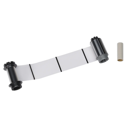 The Evolis RTCL009NAA Clear Transfer Ribbon, compatible with Avansia Retransfer ID Card Printers, offers 500 prints and features black markings on a white background, equipped with two cylindrical spools and a separate cylindrical core—ideal for high-quality card printing. Sold by Specialist ID, an authorized Evolis dealer.