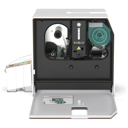 Evolis Card Lamination Module for Agilia with the front cover open, showing the lamination film spools