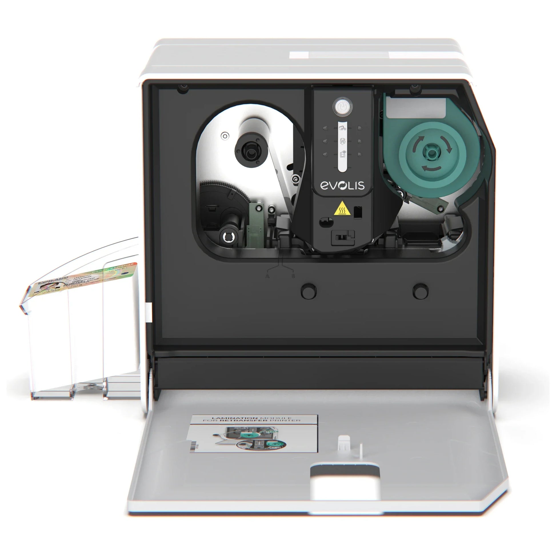 Evolis Card Lamination Module for Agilia with the front cover open, showing the lamination film spools