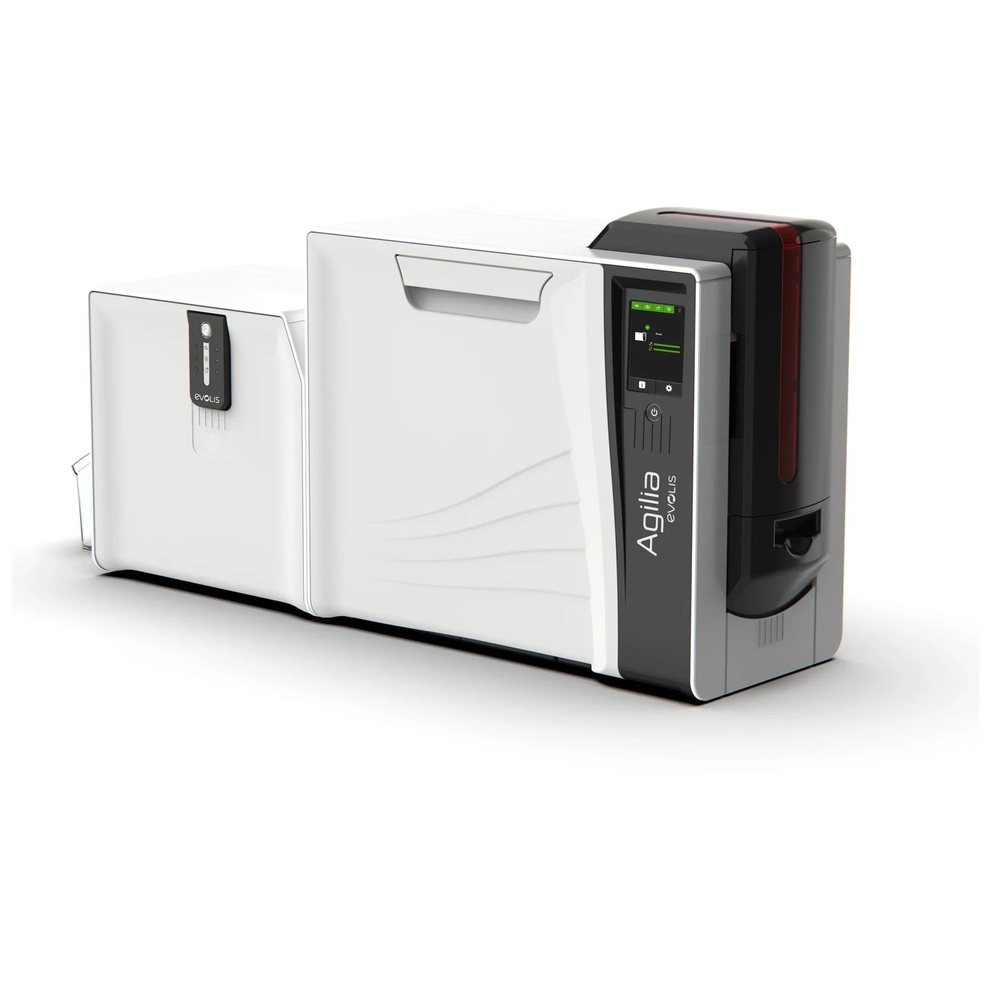 Evolis Agilia retransfer printer paired with the Card Lamination Module for Agilia, side view of the combined system