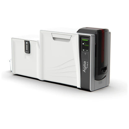 Evolis Agilia retransfer printer paired with the Card Lamination Module for Agilia, side view of the combined system