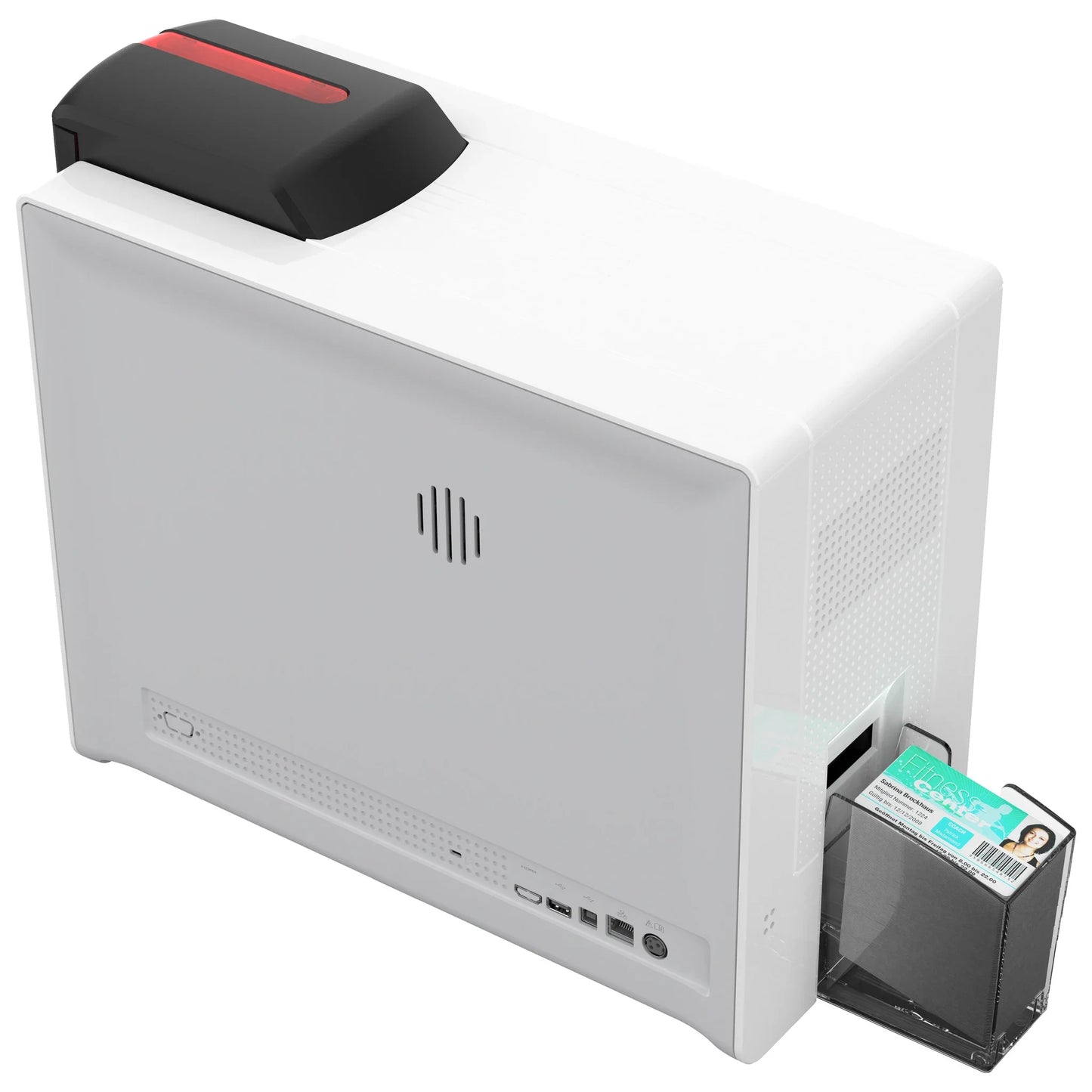 Evolis Agilia retransfer ID card printer, angled view of the white unit with a printed card presented at the front output