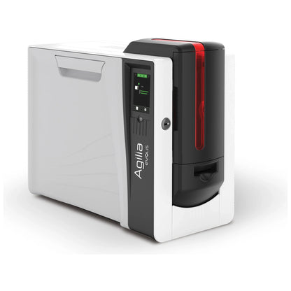 Evolis Agilia retransfer ID card printer, front view showing the 3.5 inch color touch screen reading Ready